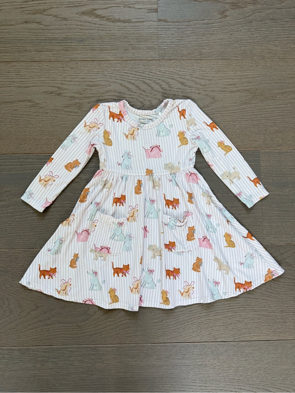 Angel Dear Girls' Long Sleeve Cat Print Dress - White, Pink & Orange